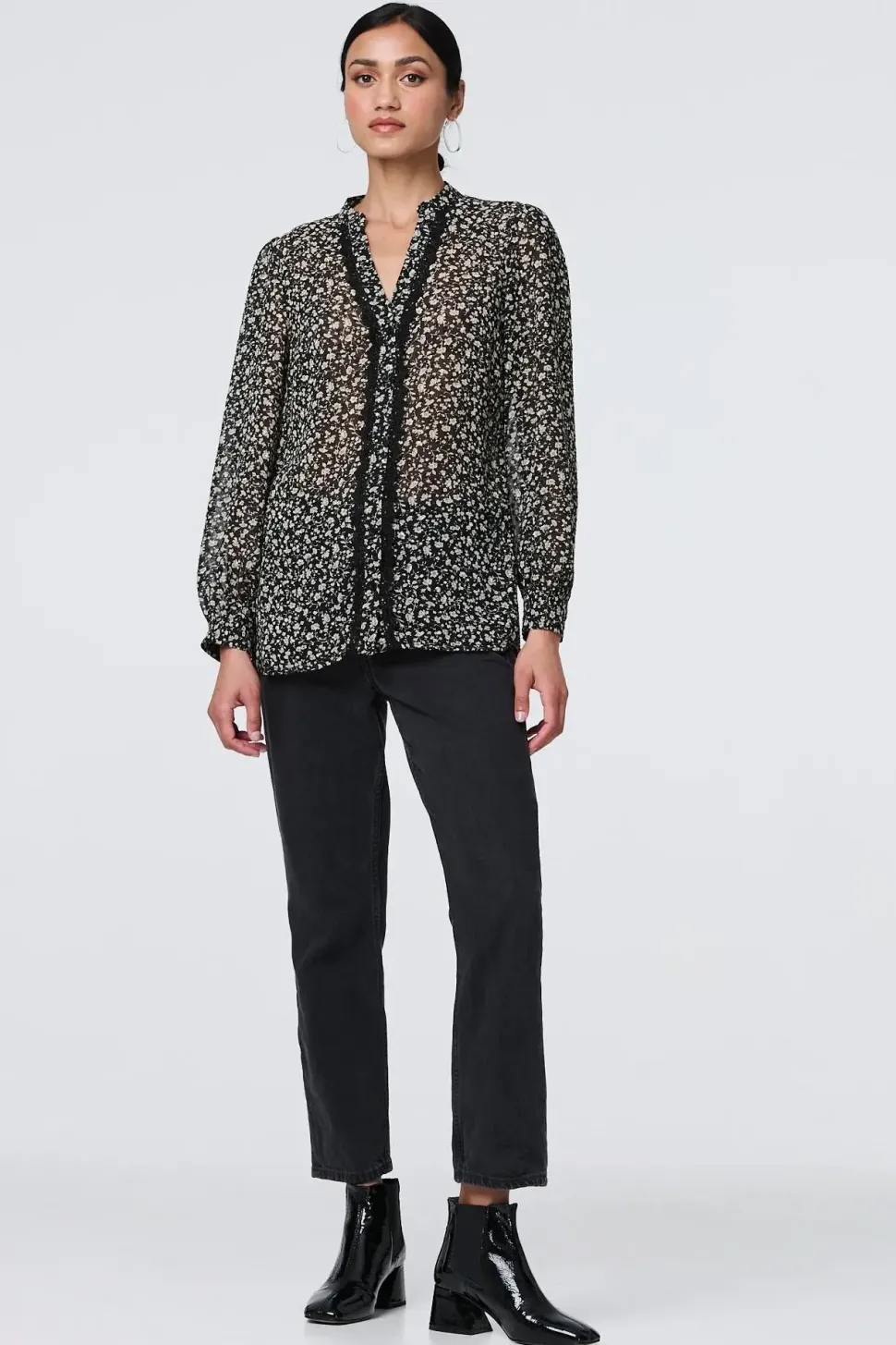 Ditsy Floral Semi Sheer Long Sleeve Blouse