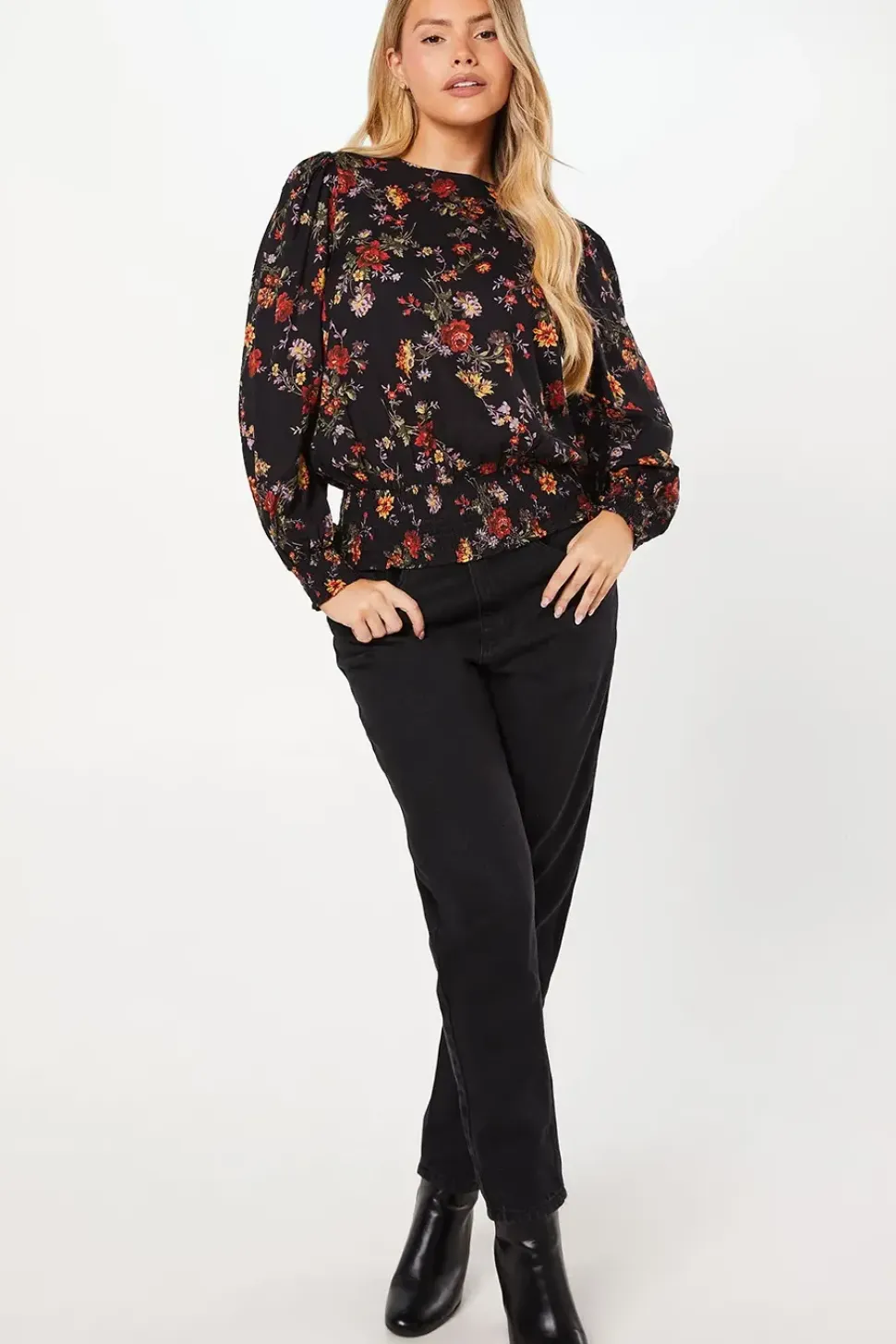 Ditsy Floral Shirred Hem Long Sleeve Blouse