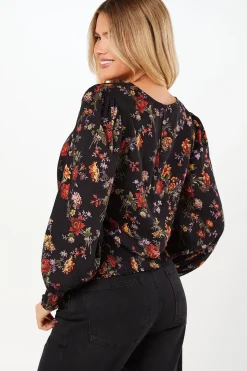Ditsy Floral Shirred Hem Long Sleeve Blouse