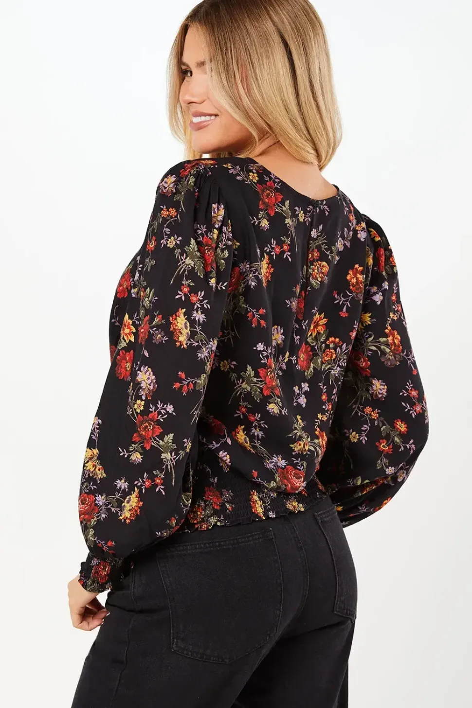 Ditsy Floral Shirred Hem Long Sleeve Blouse