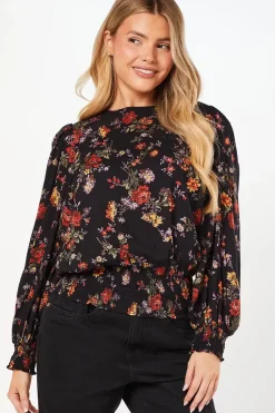 Ditsy Floral Shirred Hem Long Sleeve Blouse