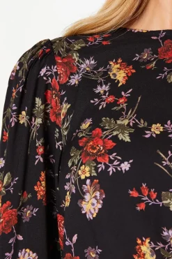 Ditsy Floral Shirred Hem Long Sleeve Blouse