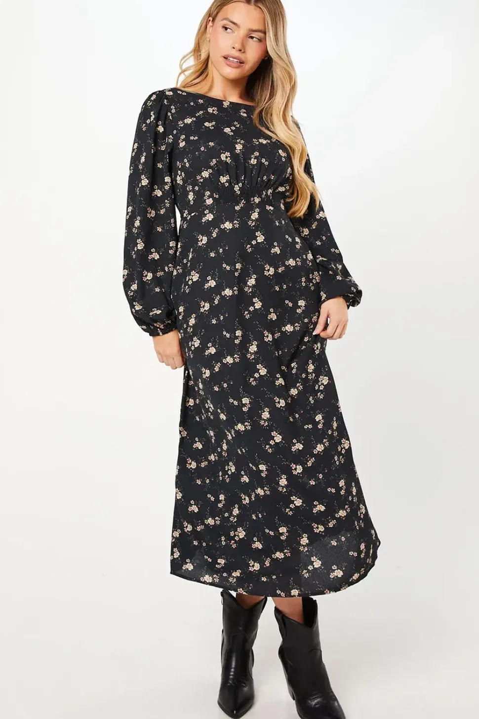 Ditsy Floral Shirred Waist Long Sleeve Midi Dress