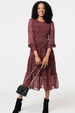 Ditsy Floral Tier Puff Sleeve Midi Dress