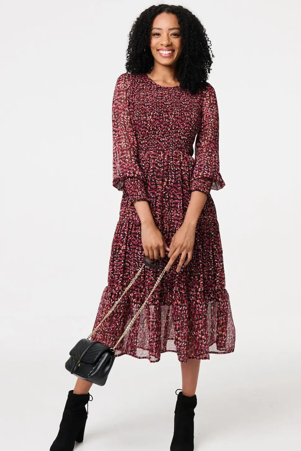 Ditsy Floral Tier Puff Sleeve Midi Dress