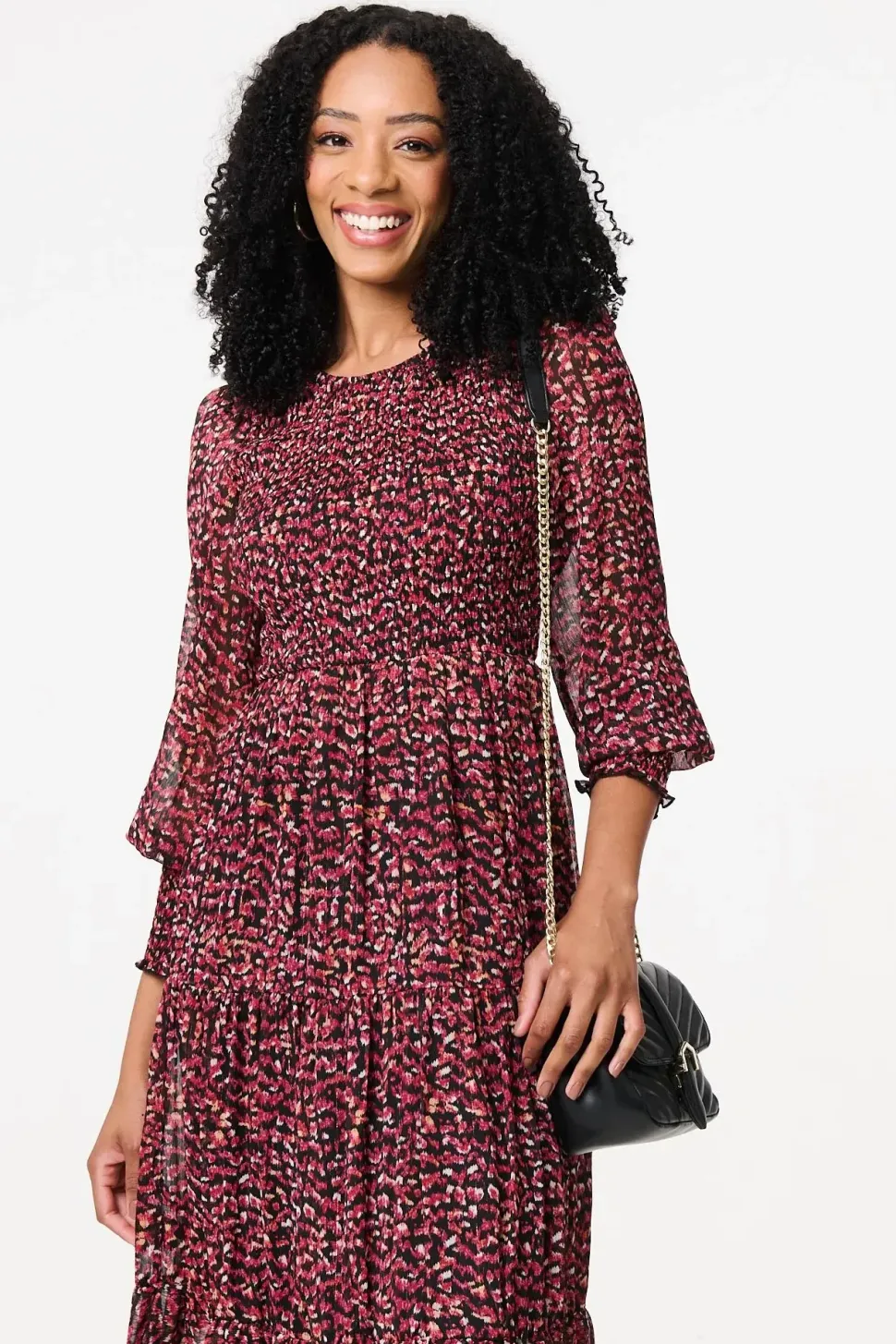 Ditsy Floral Tier Puff Sleeve Midi Dress