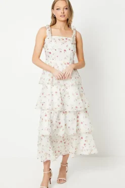 Ditsy Floral Tie Shoulder Organza Tiered Midi Dress
