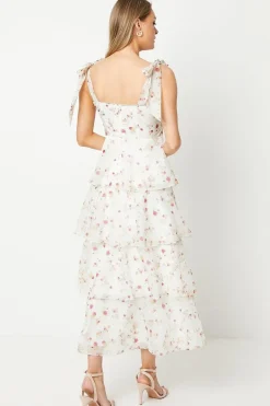 Ditsy Floral Tie Shoulder Organza Tiered Midi Dress