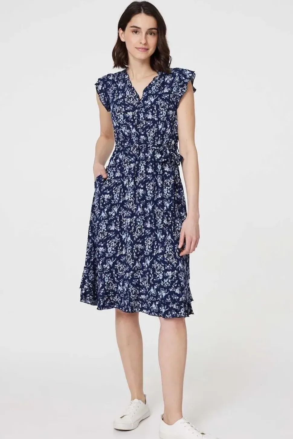 Ditsy Floral Tie-Waist Knee Length Dress