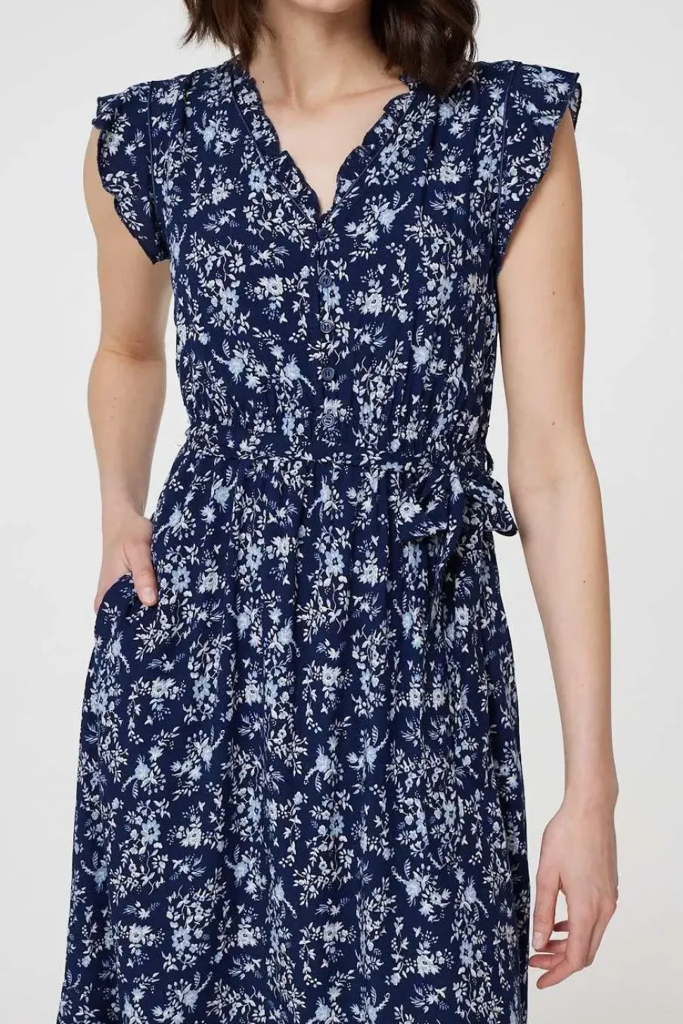 Ditsy Floral Tie-Waist Knee Length Dress