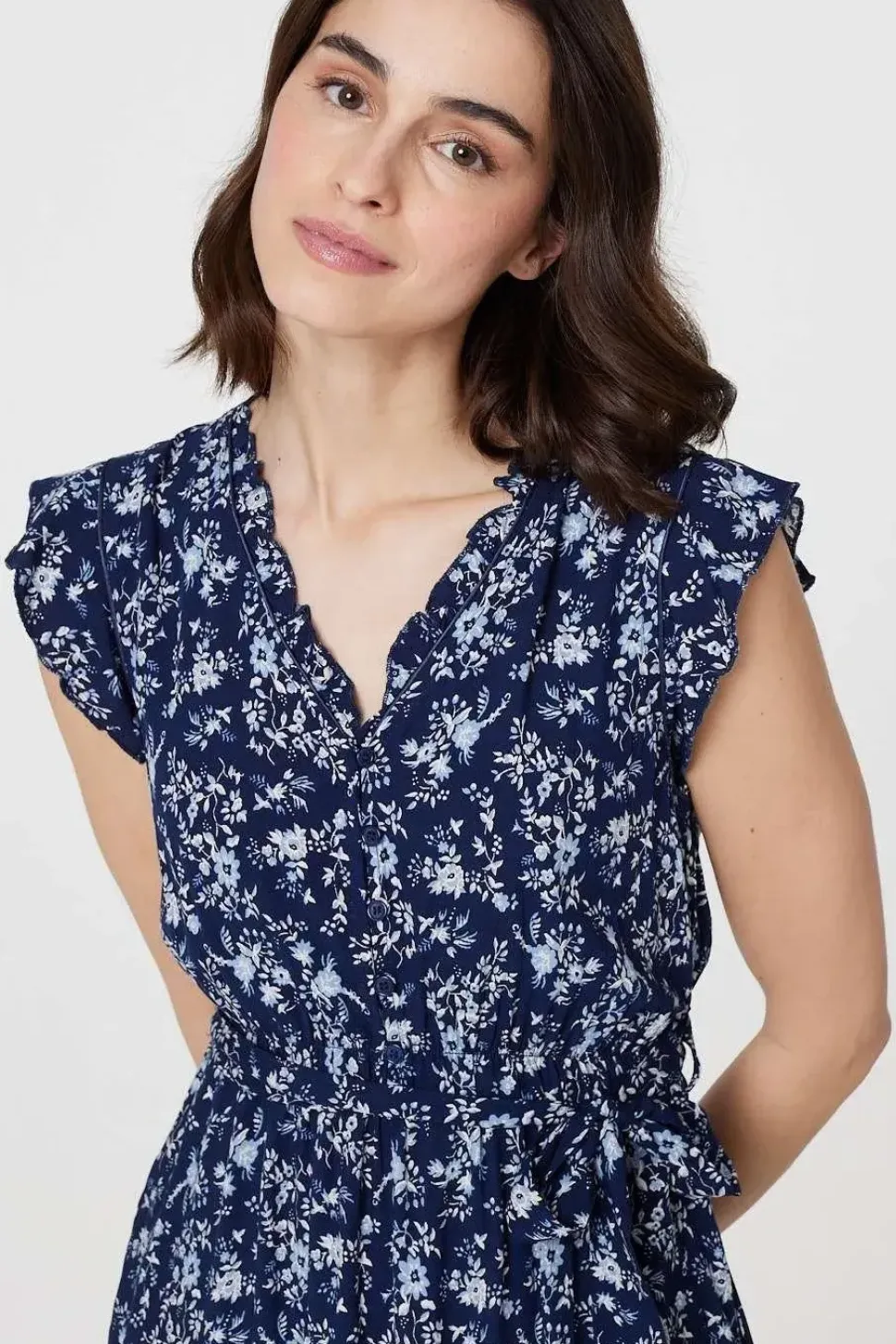 Ditsy Floral Tie-Waist Knee Length Dress