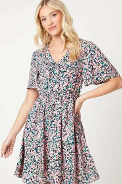 Ditsy Floral V Neck Tie Front Mini Dress