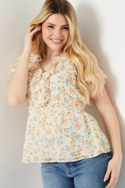 Ditsy Frill Neck Puff Sleeve Peplum Blouse