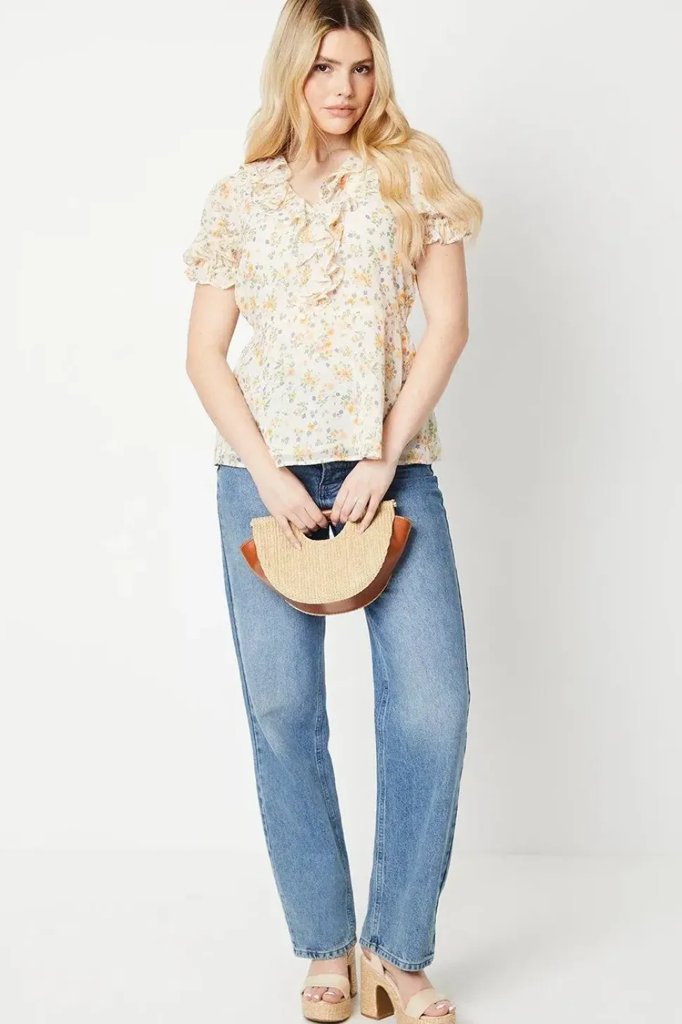 Ditsy Frill Neck Puff Sleeve Peplum Blouse