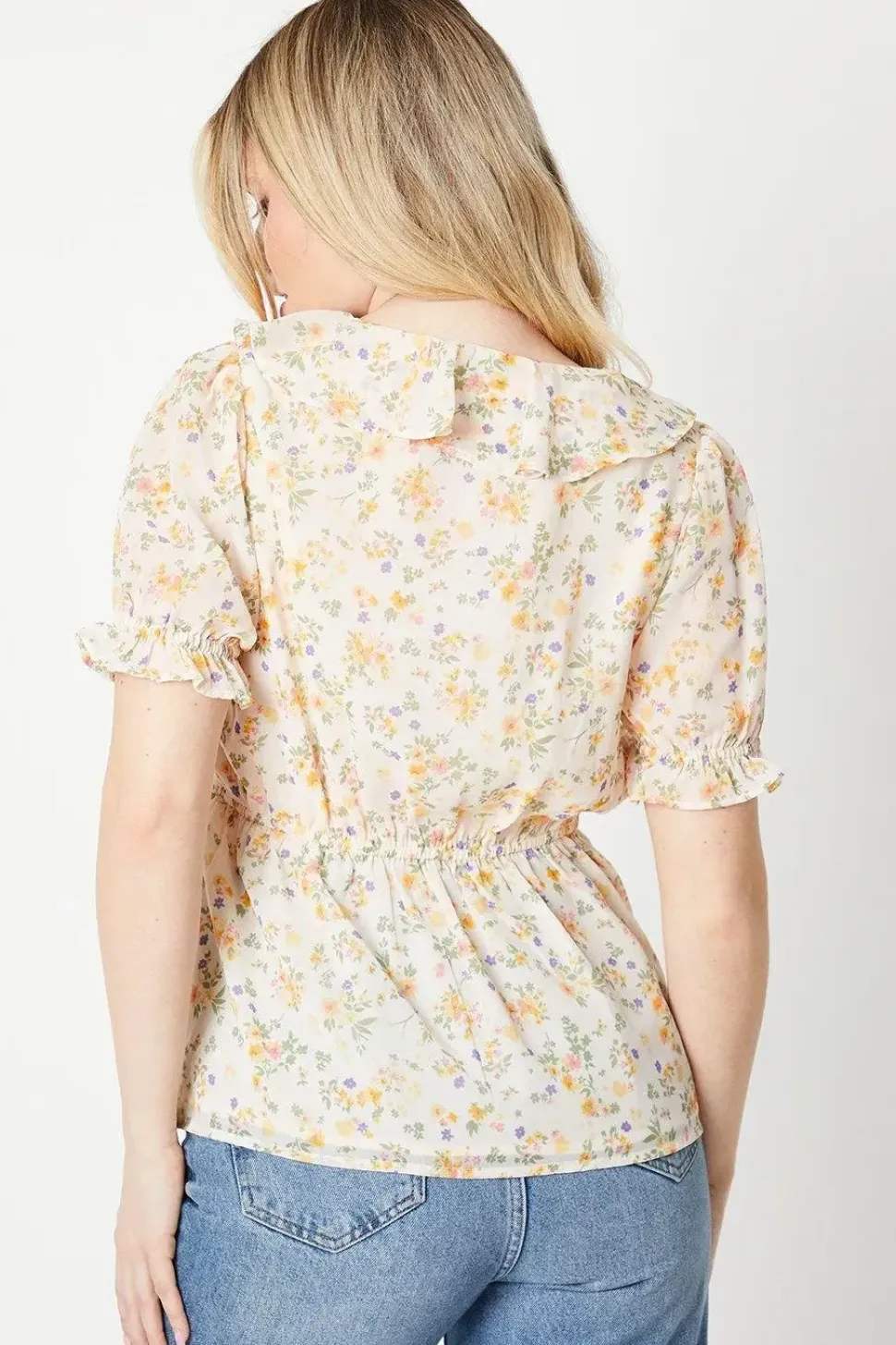 Ditsy Frill Neck Puff Sleeve Peplum Blouse