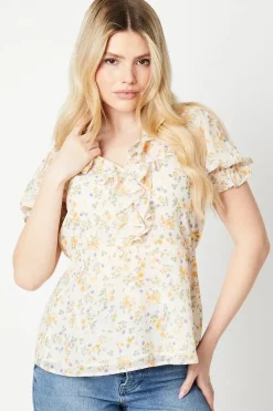 Ditsy Frill Neck Puff Sleeve Peplum Blouse