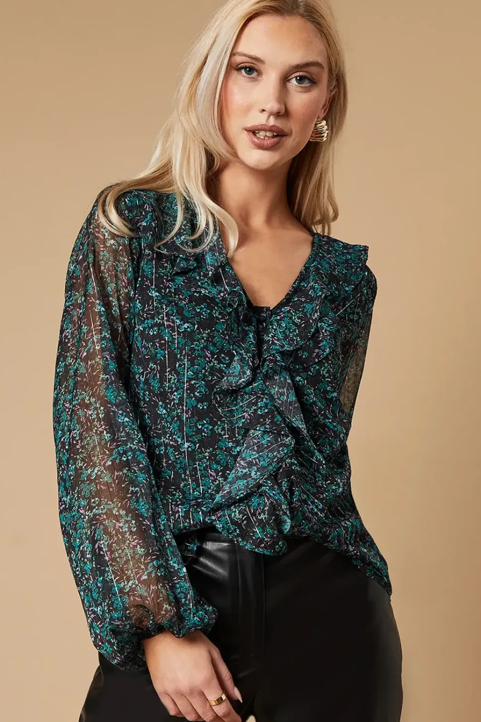 Ditsy Metallic Chiffon Ruffle Blouse