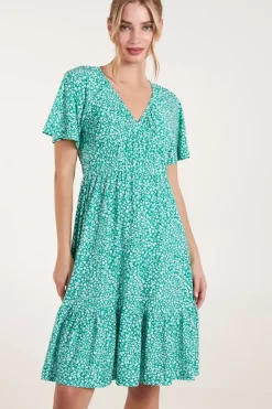 Ditsy Printed Angel Sleeve Elasticated V Neck Dress