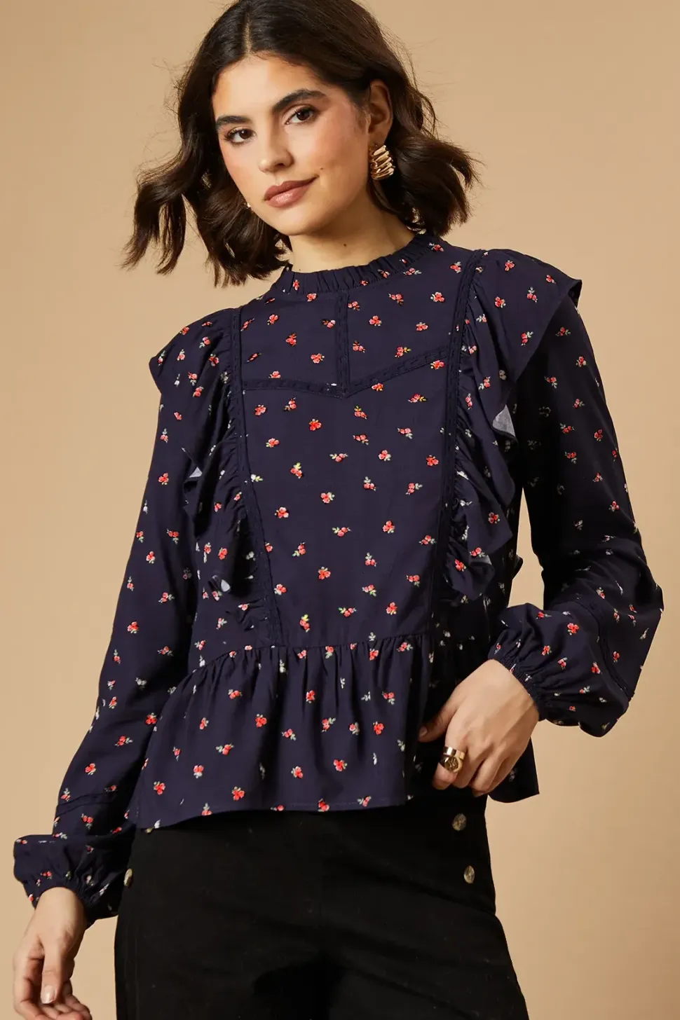 Ditsy Printed Ruffle Lace Trim Top