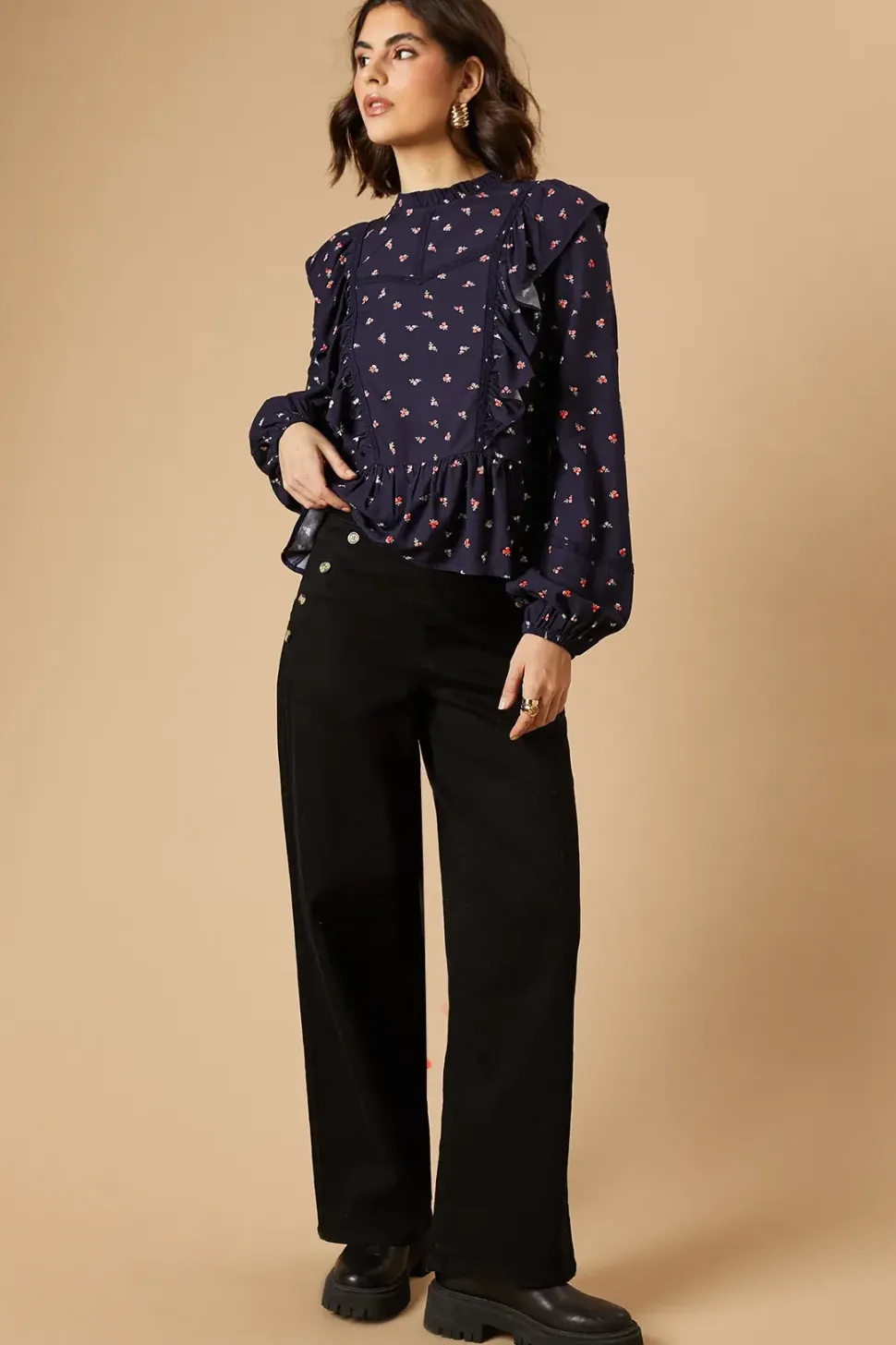 Ditsy Printed Ruffle Lace Trim Top