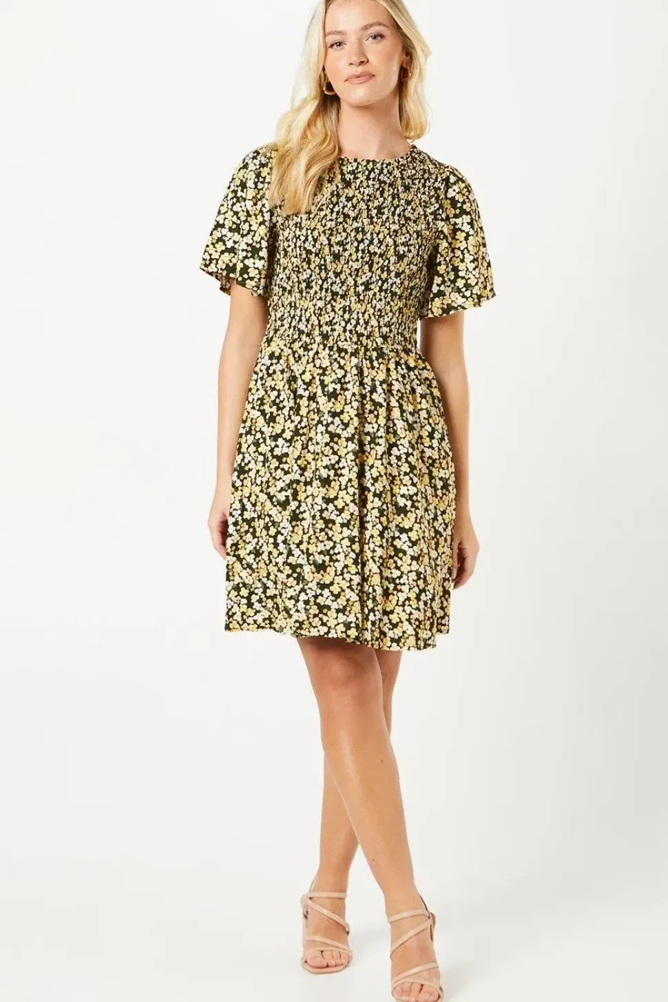 Ditsy Shirred Bodice Flutter Sleeve Mini Dress