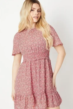 Ditsy Shirred Waist Angel Sleeve Mini Dress