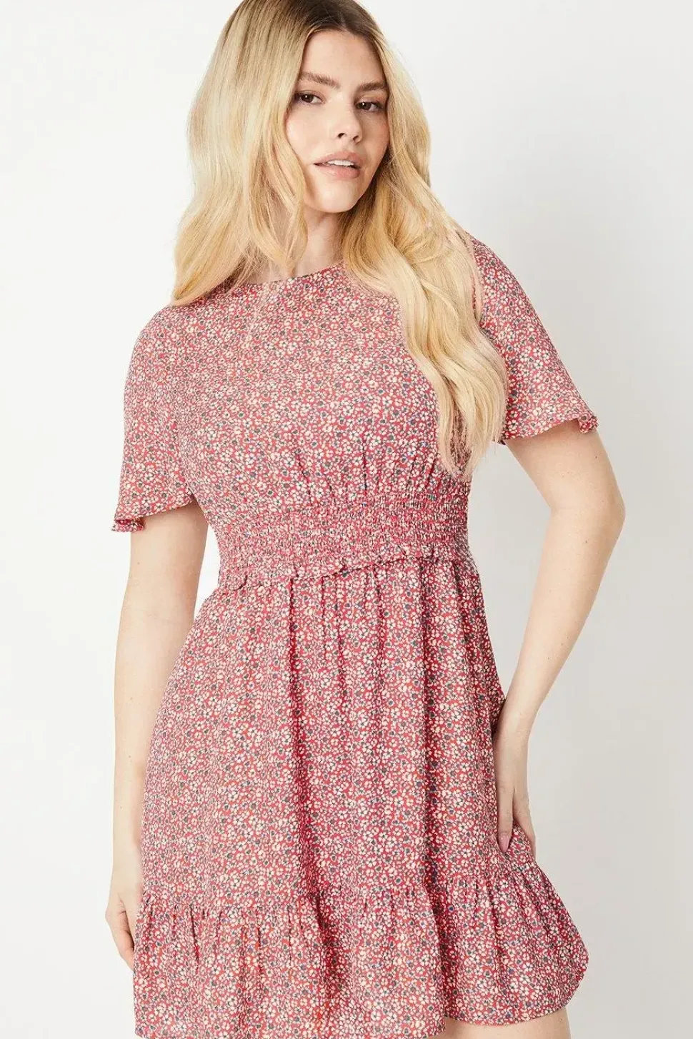 Ditsy Shirred Waist Angel Sleeve Mini Dress