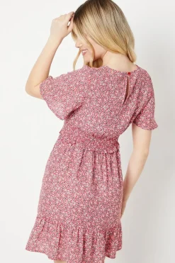 Ditsy Shirred Waist Angel Sleeve Mini Dress