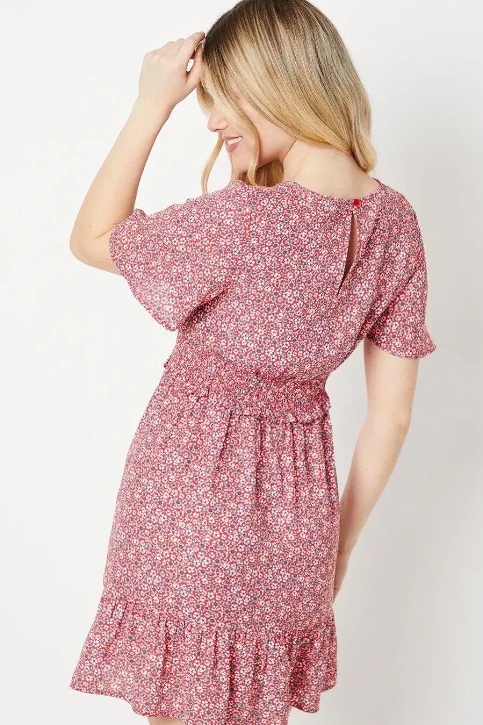 Ditsy Shirred Waist Angel Sleeve Mini Dress