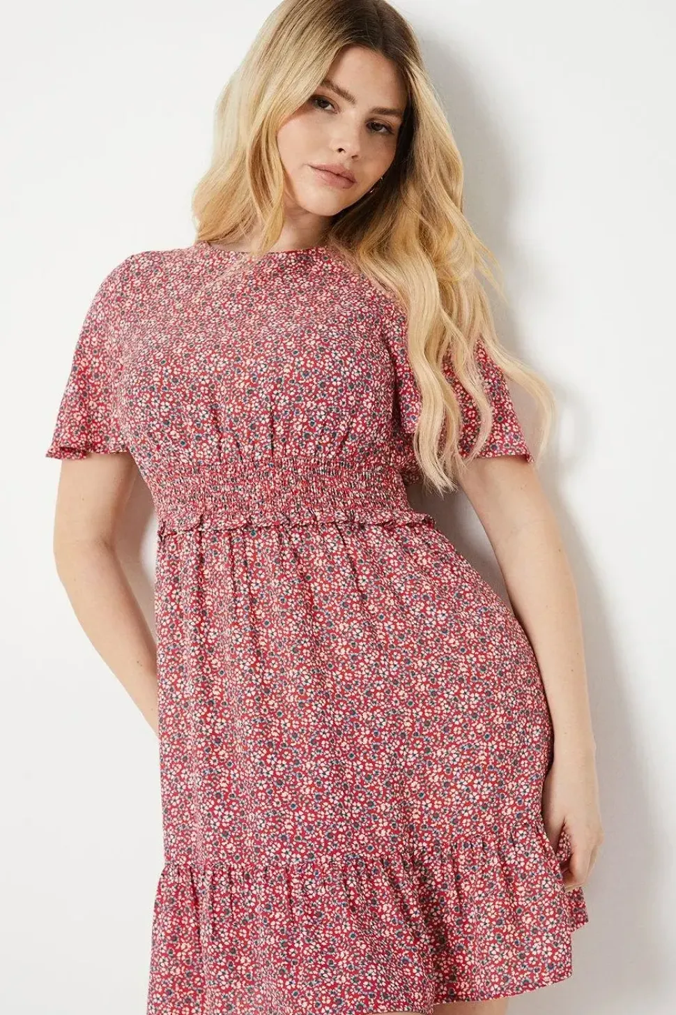 Ditsy Shirred Waist Angel Sleeve Mini Dress