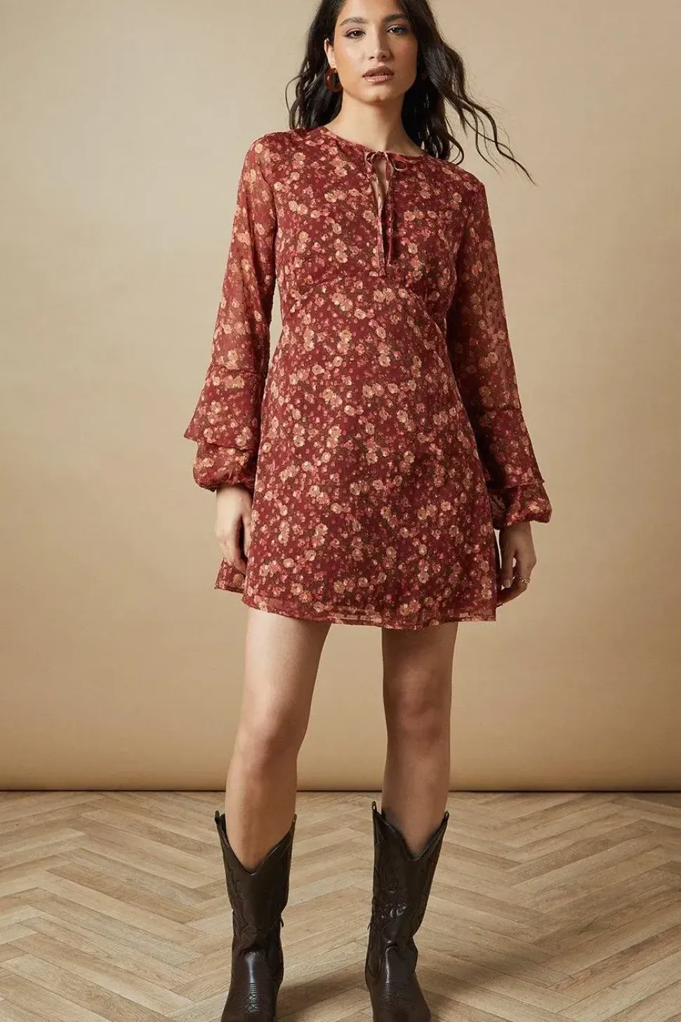 Ditsy Tie Dobby Chiffon Mini Dress