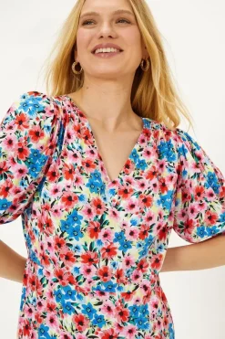 Ditsy V Neck Shirred Midi Dress