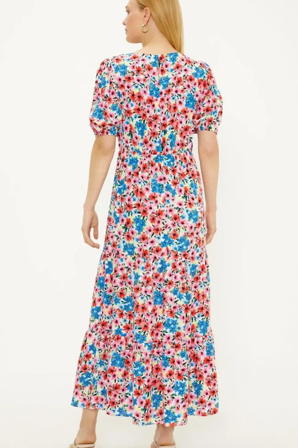Ditsy V Neck Shirred Midi Dress