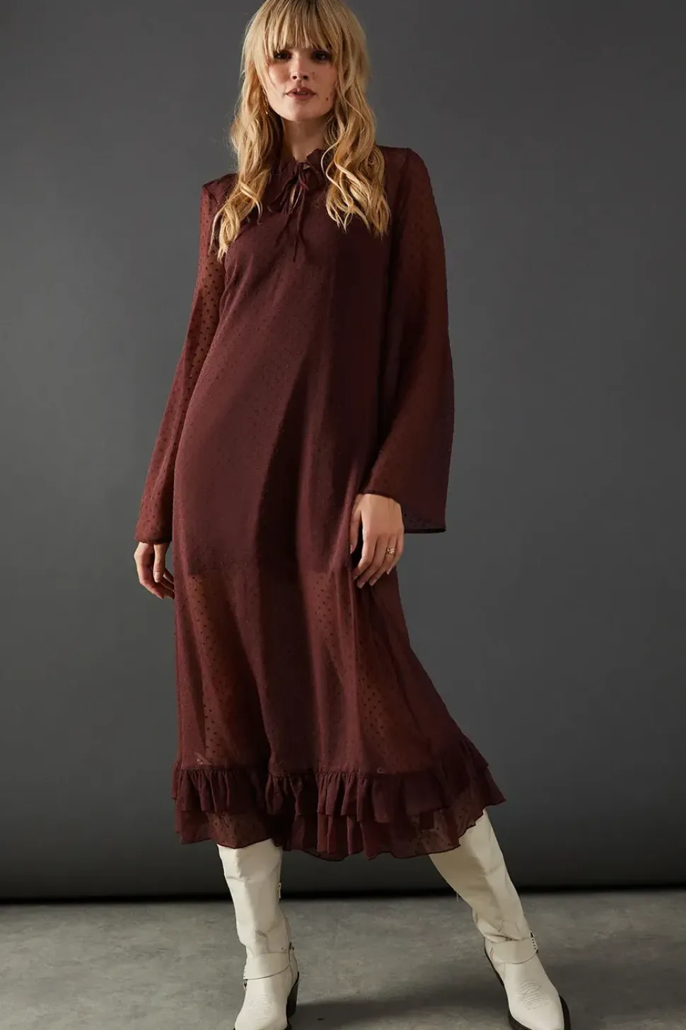 Dobby Chiffon Frill Hem Midi Dress