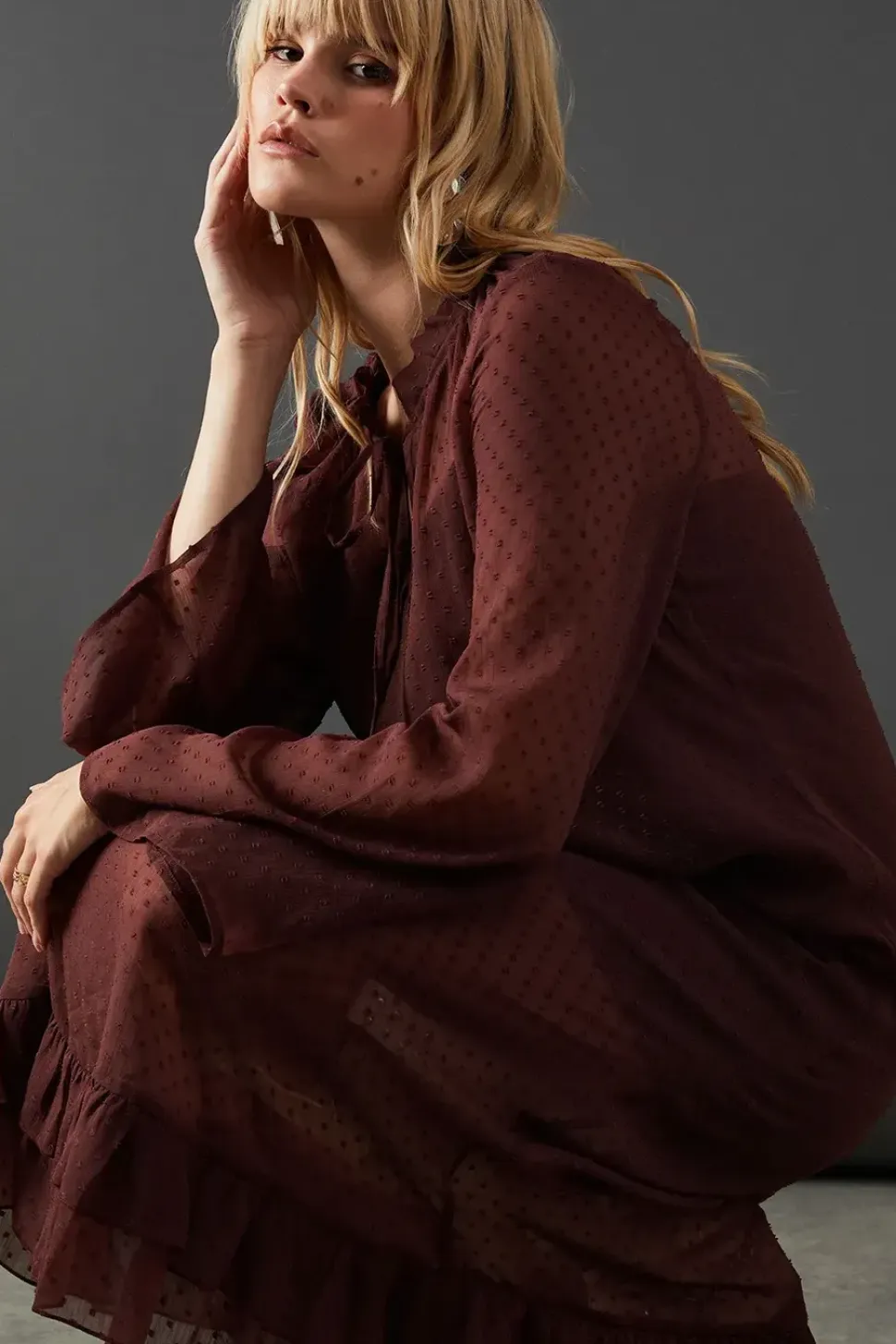 Dobby Chiffon Frill Hem Midi Dress