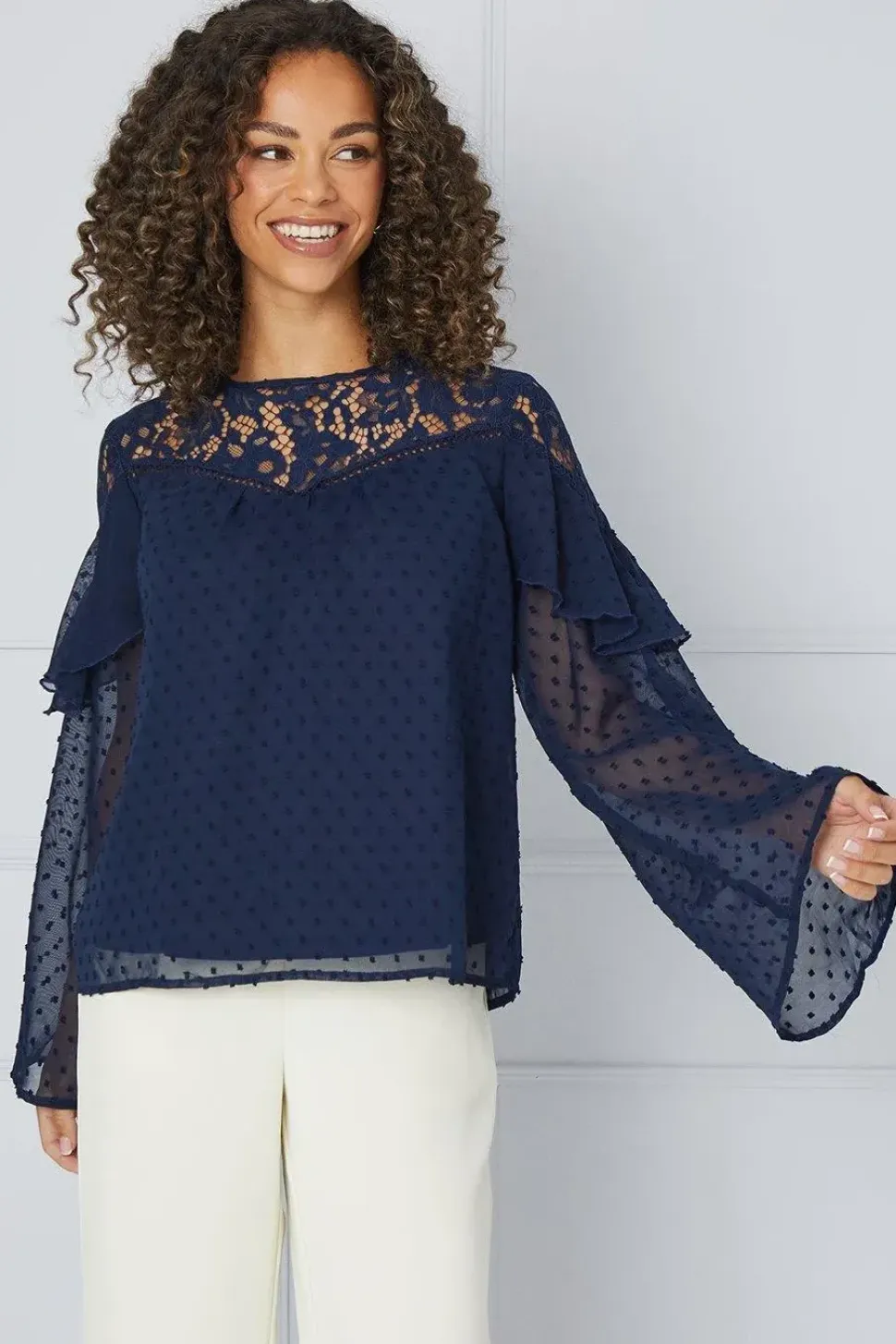 Dobby Chiffon Lace Trim Blouse