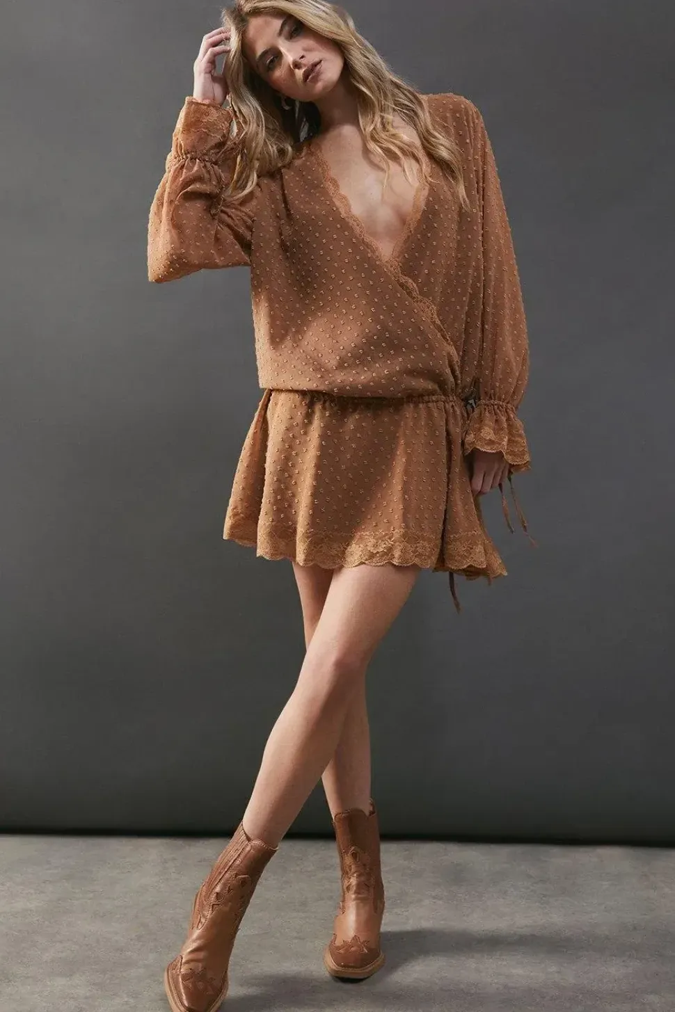 Dobby Chiffon Lace Wrap Mini Dress