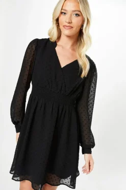Dobby Chiffon Long Sleeve Shirred Waist Mini Dress
