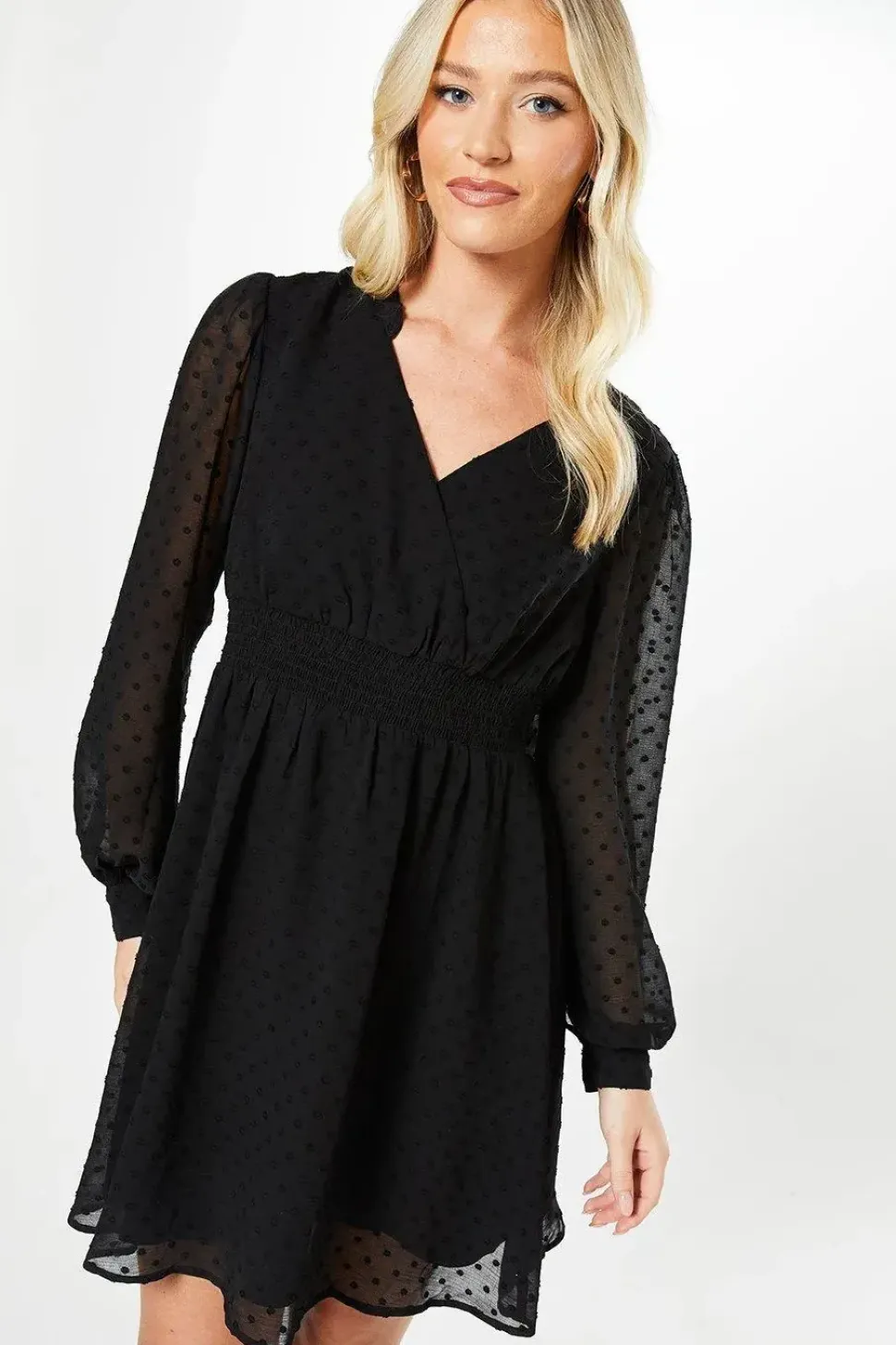 Dobby Chiffon Long Sleeve Shirred Waist Mini Dress