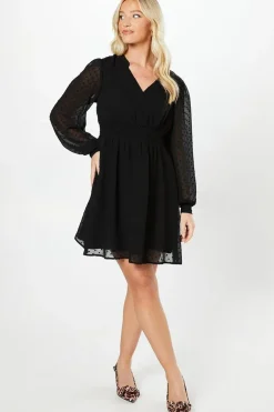 Dobby Chiffon Long Sleeve Shirred Waist Mini Dress