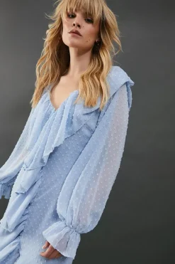 Dobby Chiffon Ruffle High Low Hem Midi Dress