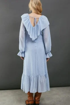 Dobby Chiffon Ruffle High Low Hem Midi Dress