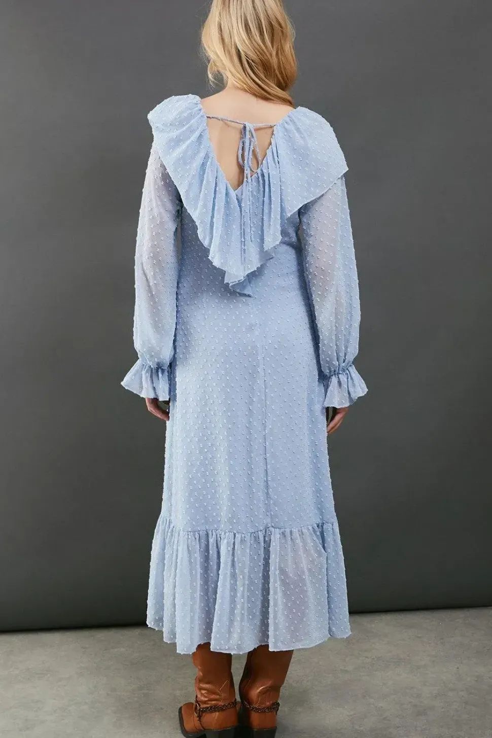 Dobby Chiffon Ruffle High Low Hem Midi Dress