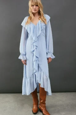Dobby Chiffon Ruffle High Low Hem Midi Dress