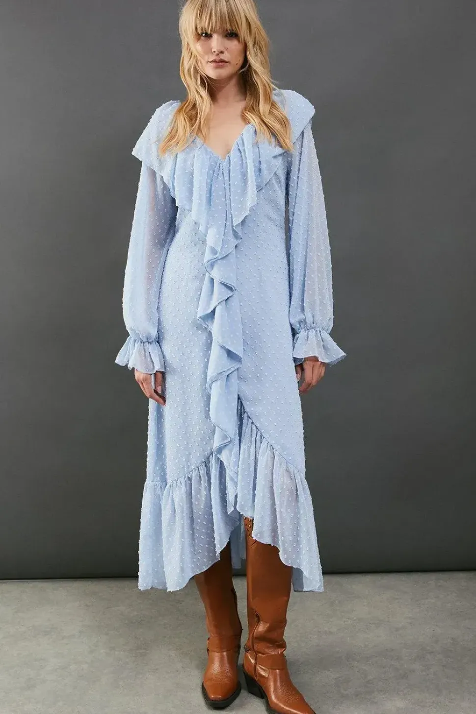 Dobby Chiffon Ruffle High Low Hem Midi Dress