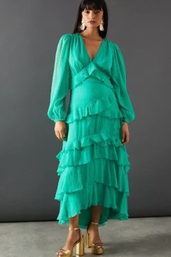 Dobby Chiffon Ruffle Midi Dress