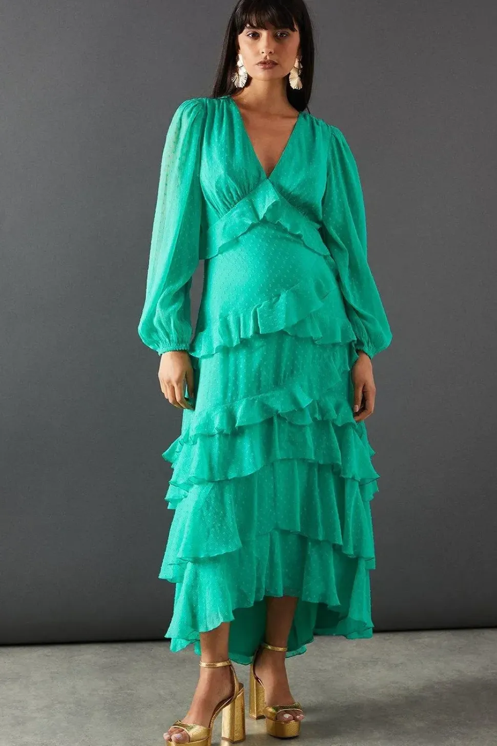 Dobby Chiffon Ruffle Midi Dress