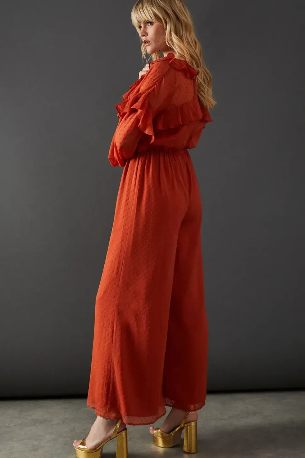 Dobby Chiffon Ruffle Waisted Jumpsuit