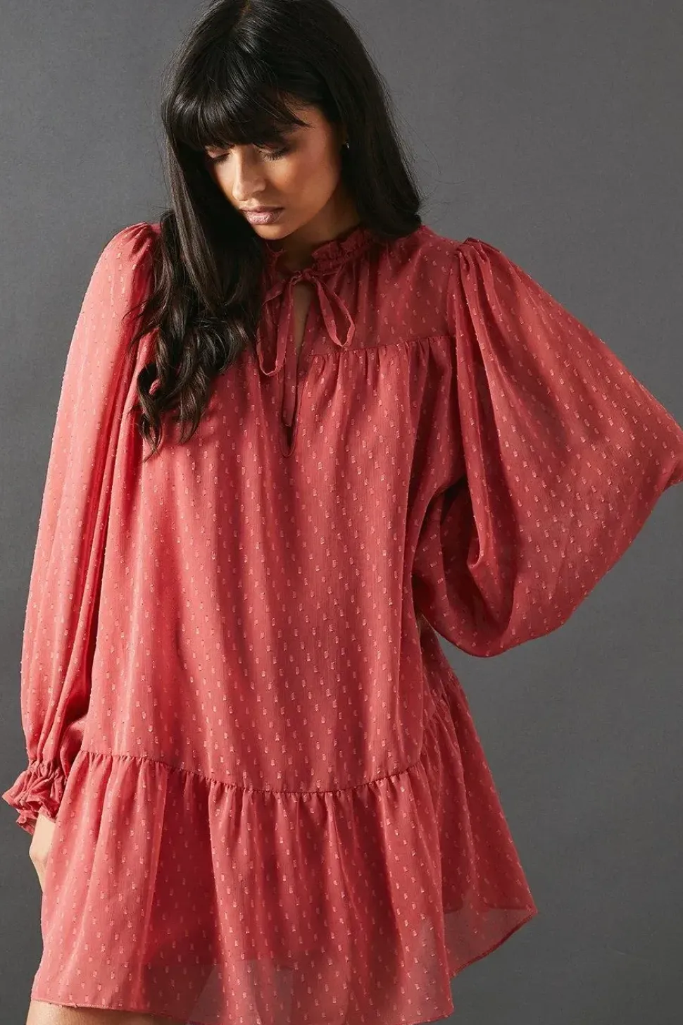 Dobby Chiffon Tie Neck Drop Hem Mini Smock Dress
