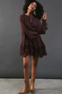 Dobby Chiffon Tie Neck Lace Hem Mini Dress